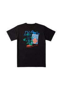 T-shirt en coton noir avec un graphique coloré "Deshoe Worldwide" agrémenté de vignes et d'un design de globe. Manches courtes, col rond.