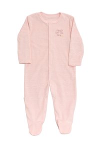 Pijama de algodón rosa con mangas largas, patas con pies, patrón de nubes y cierre a presión con el texto "Alcanza el cielo".