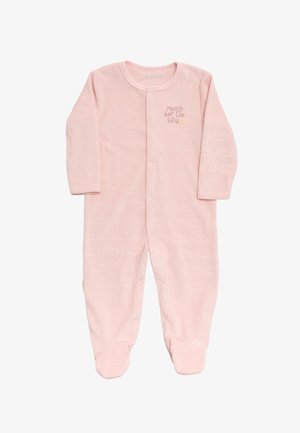Pijama de algodón rosa con mangas largas, patas con pies, patrón de nubes y cierre a presión con el texto "Alcanza el cielo".