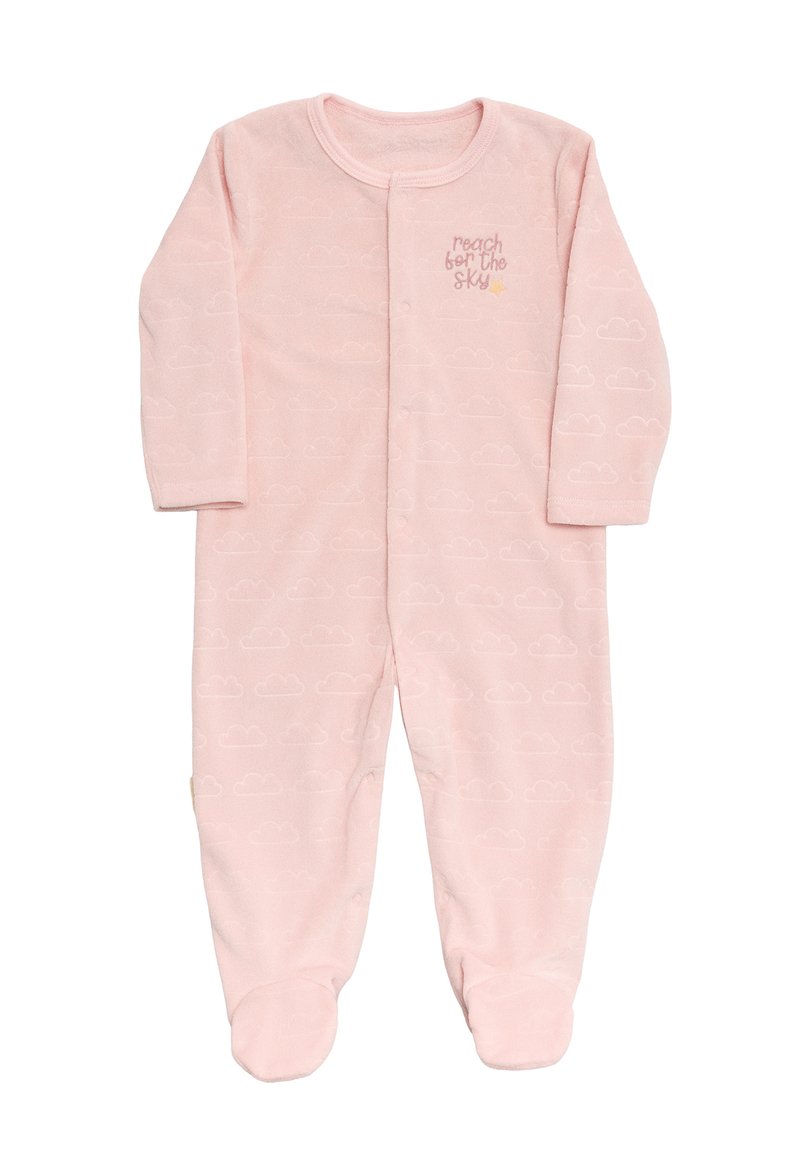 Pijama de algodón rosa con mangas largas, patas con pies, patrón de nubes y cierre a presión con el texto "Alcanza el cielo".