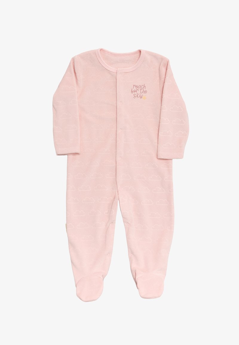 Pijama de algodón rosa con mangas largas, patas con pies, patrón de nubes y cierre a presión con el texto "Alcanza el cielo".