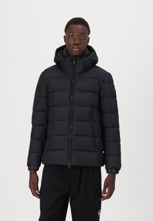 Black puffer jacket with a hood, featuring quilted design, zip front, and side pockets, made from cold-resistant material.