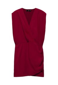Red wrap dress with short sleeves, deep V-neckline, and gathered detail on the side, made of smooth fabric.