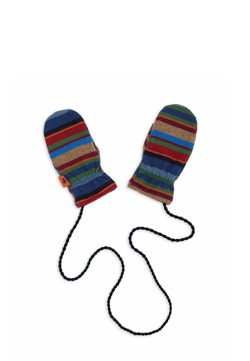 Muffole a righe in tessuto blu, rosso, verde e marrone con finitura testurizzata, dotate di polsino elastico e cordino nero di collegamento.