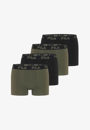 Quatre boxer-briefs dans des couleurs alternées vert olive et noir avec des ceintures noires comportant le logo FILA en gris.