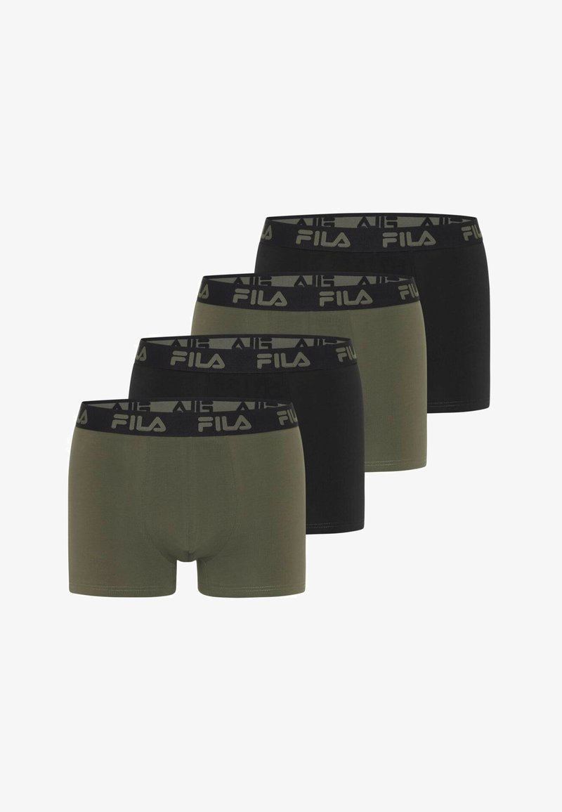 Quatre boxer-briefs dans des couleurs alternées vert olive et noir avec des ceintures noires comportant le logo FILA en gris.