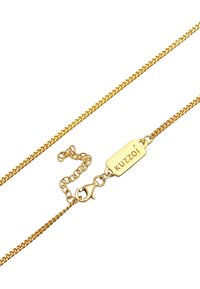 Guld kædedyse med et fladt linkdesign, der har en lås og et indgraveret mærke med teksten "Kuzzoí." Glat tekstur og skinnende overflade.