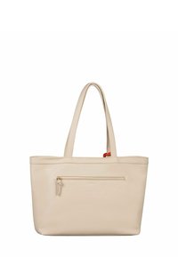 Sac cabas beige avec deux longues poignées, texture lisse, poche extérieure zippée et logo discret. Forme rectangulaire simple.