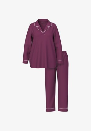 Purple pajama set with a long-sleeve top and pants. Features white piping along the collar and cuffs. Soft fabric with a relaxed fit.