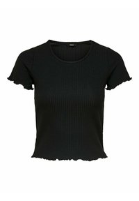 Sort ribbet T-shirt med en tætsiddende pasform, korte bølgede ærmer og en rund halsudskæring med en bølget kantdetalje.