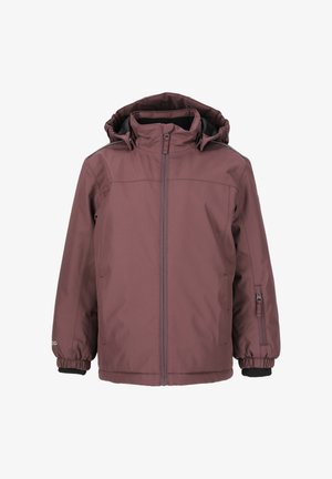 Burgunderfarbige wasserdichte Jacke mit Kapuze, durchgehendem Reißverschluss, elastischen Bündchen und seitlicher Reißverschlusstasche; glatte Textur und verstellbare Passform.