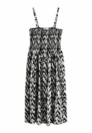 Rochie alb-negru cu model, cu bodice strâns cu smocuri, bretele subțiri și fustă fluidă. Confecționată dintr-un material ușor, cu o textură plăcută la atingere.