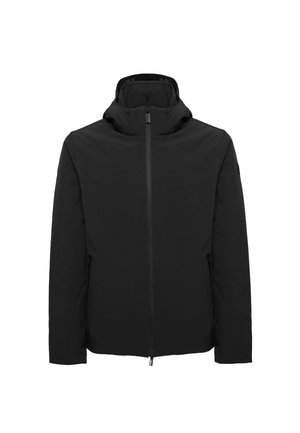 Giacca nera isolante con colletto alto, zip frontale completa e due tasche laterali con zip. Tessuto liscio con finitura opaca.