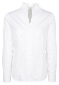 Vit långärmad skjorta med hög krage, slät textur, framknäppning och knäppta manschetter. Minimalistisk design, inga mönster eller detaljer.