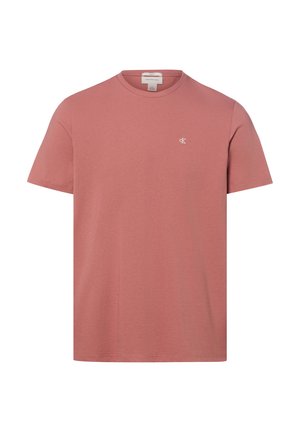Effen stoffig roze korte mouwen t-shirt met een klein wit "cK" logo op de linkerborst en een ronde halslijn.