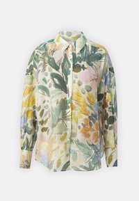 Lichte blouse met lange mouwen, met een bloemenpatroon in groene, gele en blauwe tinten, met een knoopsluiting aan de voorkant en een kraag.
