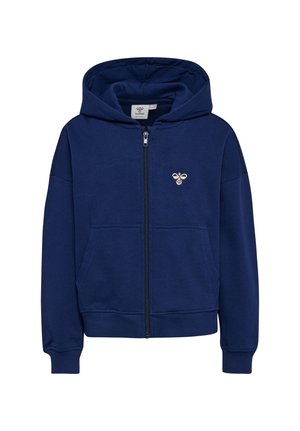 Marineblauer Kapuzenpullover mit Reißverschluss, Vordertaschen, gerippten Bündchen und kleinem beigem Bienenlogo auf der Brust.