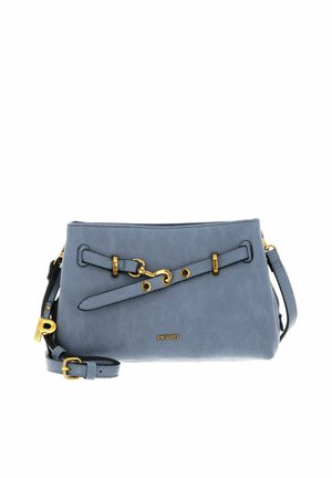 Blue leather crossbody bag with gold-tone hardware, adjustable strap, and decorative buckle detail, branded "Picard" on front.