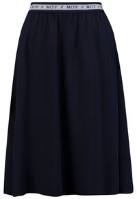 Tummansininen A-linjainen hame pehmeästä kankaasta, jossa on joustava vyötärö grey-logo nauhalla; sileä pinta ja polvipituinen muotoilu.