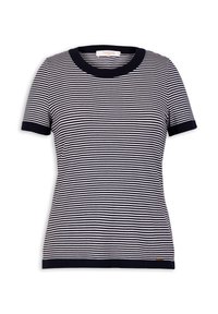 T-shirt à rayures bleu marine et blanches à manches courtes avec un col rond côtelé et des ourlets de manches assortis. Présente une petite étiquette de marque sur l'ourlet inférieur.