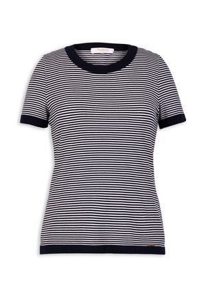 Niebiesko-biały prążkowany T-shirt z krótkim rękawem, z żeberkowym okrągłym dekoltem i pasującymi obszyciami rękawów. Posiada małą metkę z logo marki na dolnym obszyciu.