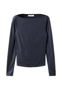 Navy modrá halenka s dlhým rukávom a širokým, okrúhlym výstrihom, vyrobená z hladkej, mierne lesklej látky. Bez viditeľných vzorov alebo hardvérových detailov.