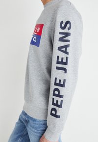Siva dukserica s okruglim izrezom, sa crvenim i plavim logotipom na prsima i "PEPE JEANS" otisnutim velikim mornarskim slovima na rukavu.