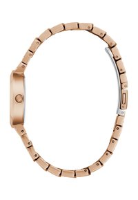 Reloj de metal en oro rosa con caja rectangular, pulsera de eslabones y un acento plateado en el costado. Acabado suave y pulido.