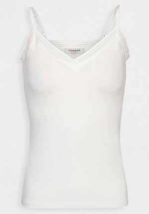 Weiße Spaghetti-Top mit verstellbaren Trägern, V-Ausschnitt und Spitzenbesatz. Hergestellt aus einem glatten, dehnbaren Stoff.