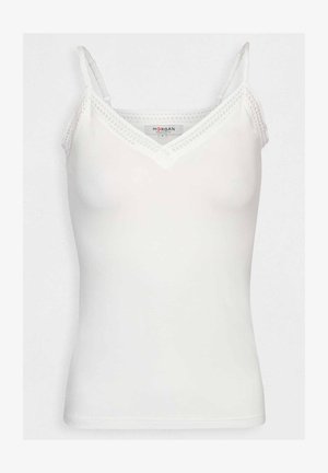 Valkoinen toppi, jossa on säädettävät spagettiolkaimet, V-mallinen pääntie ja pitsiyksityiskohtia. Valmistettu sileästä, joustavasta kankaasta.