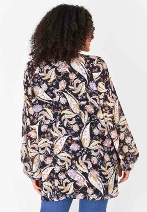 Schwarze Bluse mit Muster, ausgestattet mit einem fließenden Design und Paisley- sowie Blumensch motifs in Gold-, Rosa- und Lilatönen; lange Ärmel und lockere Passform.
