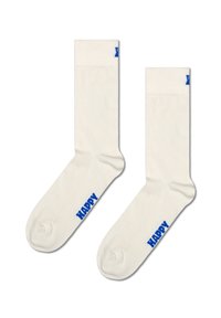 Białe bawełniane skarpetki z prążkowanym mankietem, z niebieskim napisem "HAPPY" po bokach. Gładka struktura, standardowa długość do kostki i bezszwowy palec.
