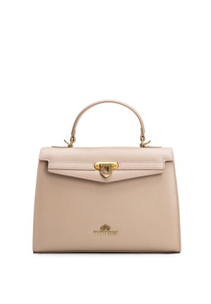 Béžová kožená kabelka s horním držadlem, zlatým zapínáním a vyraženým logem Wittchen uprostřed na přední straně.