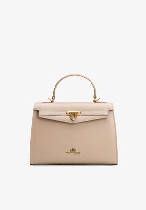 Béžová kožená kabelka s horním držadlem, zlatým zapínáním a vyraženým logem Wittchen uprostřed na přední straně.