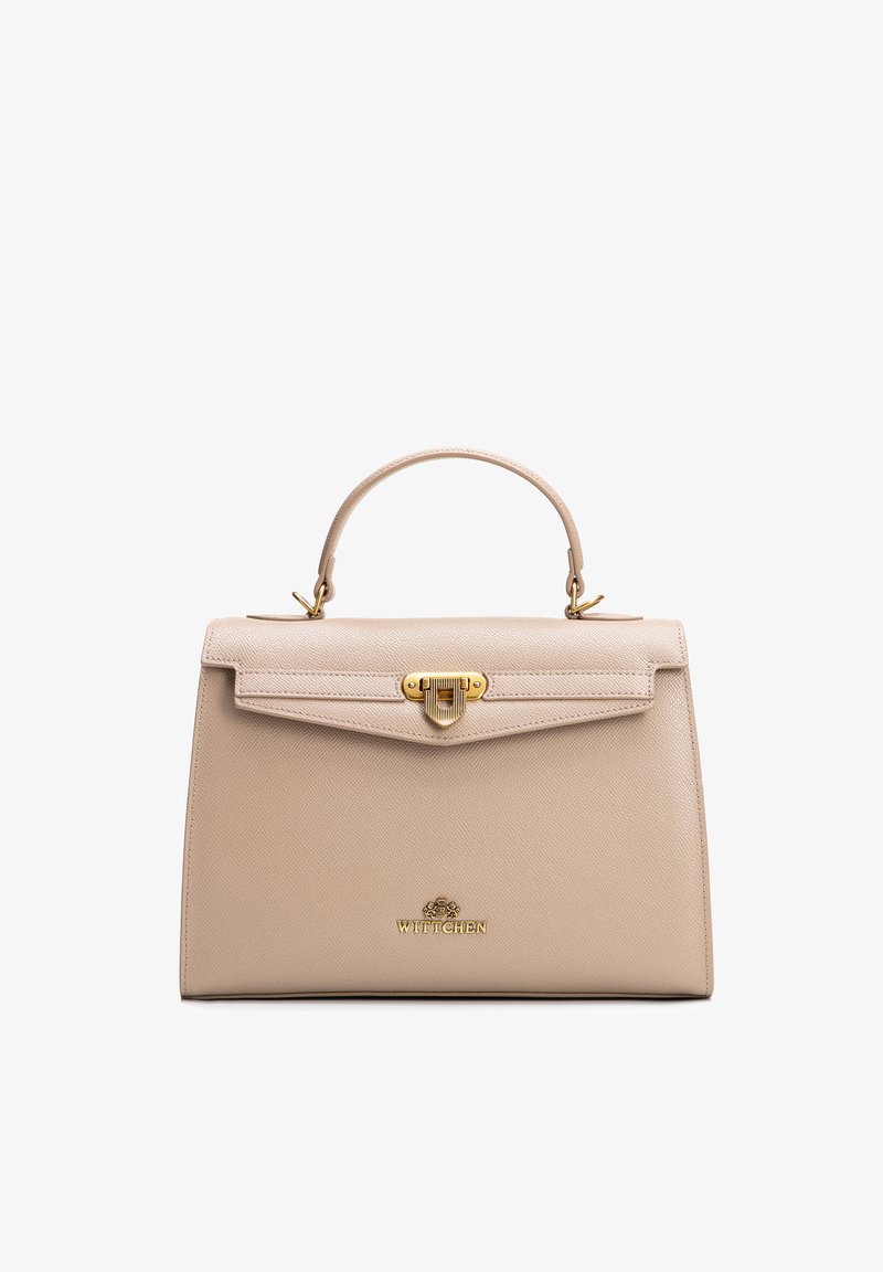 Beige leren handtas met een bovenhandvat, gouden sluiting en een geperst Wittchen-logo in het midden aan de voorkant.