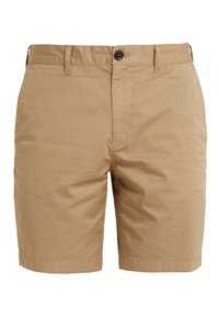 Shorts en coton beige avec un devant plat, une fermeture à bouton et des poches latérales. Le tissu est lisse et léger, avec des coutures surpiquées.