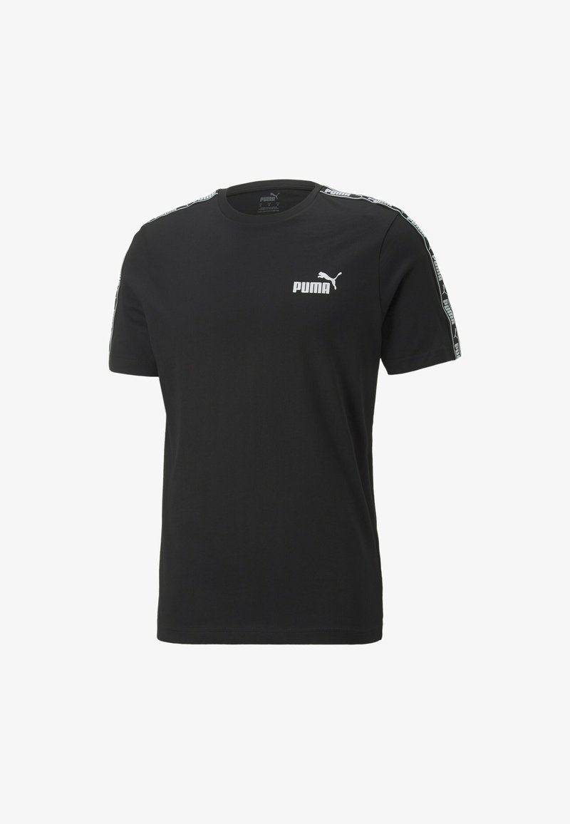 Black short-sleeve t-shirt made of cotton. Features a white Puma logo on the chest and distinctive branding along the shoulders.