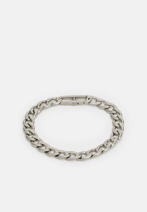 Sølvmetallkjedearmbånd med sammenkoblede lenker, utstyrt med en sikker låsefunksjon. Glatt tekstur og polert finish.