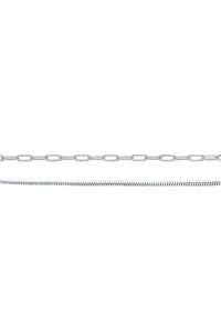 Silberne Ketten, eine in einem glatten ovalen Glieddesign und die andere in einer gedrehten Spiralform, beide vor einem weißen Hintergrund präsentiert.