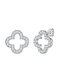 Boucles d'oreilles en argent avec un design en quatre-feuilles, ornées de petites pierres précieuses transparentes autour des bords et d'un centre ouvert.