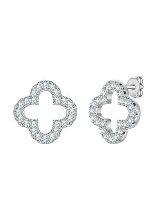 Boucles d'oreilles en argent avec un design en quatre-feuilles, ornées de petites pierres précieuses transparentes autour des bords et d'un centre ouvert.