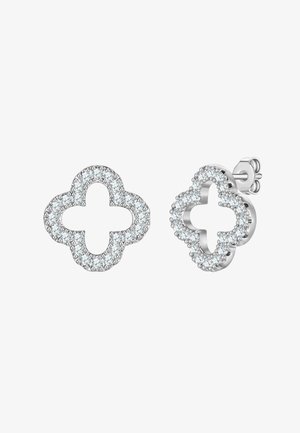 Strieborné náušnice s dizajnom štvorklanu, ozdobené malými čírymi drahokamami okolo okrajov a otvoreným stredom.