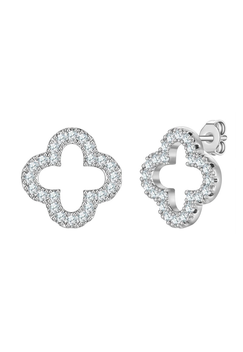 Boucles d'oreilles en argent avec un design en quatre-feuilles, ornées de petites pierres précieuses transparentes autour des bords et d'un centre ouvert.