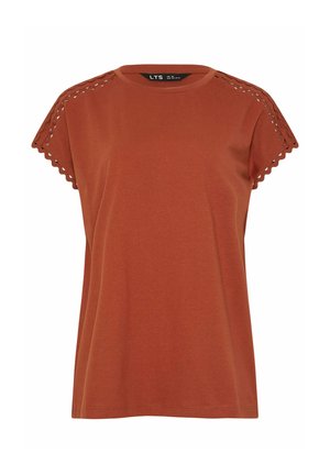 Top a maniche corte color ruggine con bordi smerlati e dettagli ritagliati sulle spalle e sulle maniche, scollo rotondo.