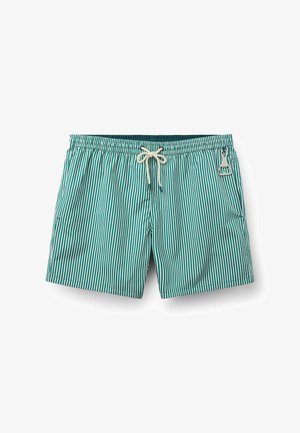 Grønne og hvide vertikale stribede badeshorts med bindebånd i taljen og fastgjort oplukker på højre side.