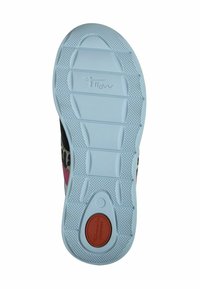 Soletta in gomma azzurro chiaro con motivo testurizzato, parte superiore nera e rosa con dettagli a stampa leopardata e un particolare logo rosso per il comfort.