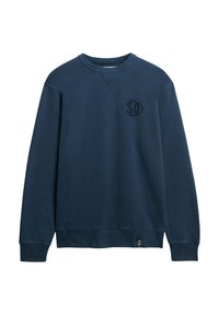 Granatowy sweter z dżerseju, wykonany z mieszanki bawełny, z okrągłym dekoltem, ściągaczami przy mankietach i graficznym logo na lewej piersi.