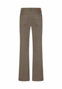 Uitlopende broeken van een gedempt bruine stof met twee achterzakken en een leren label op de tailleband. De textuur lijkt glad en duurzaam.