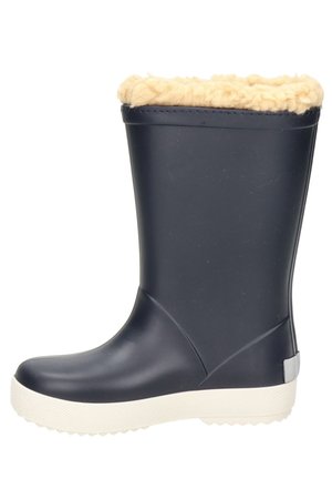Botte de pluie en caoutchouc marine avec une semelle texturée blanche et une doublure en fausse fourrure marron sur le dessus, présentant une surface lisse et un design de bout arrondi.