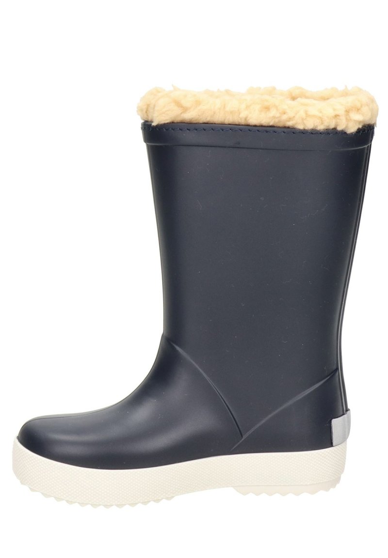 Botte de pluie en caoutchouc marine avec une semelle texturée blanche et une doublure en fausse fourrure marron sur le dessus, présentant une surface lisse et un design de bout arrondi.